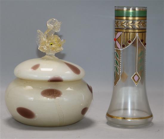 A Venetian gilt flecked bowl and cover and an Art Deco vase vase height 17.5cm bowl height 15cm